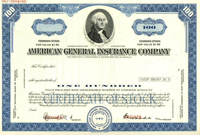 American General Insurance Co. - Bought out by AIG in 2001 - Specimen Stock Certificate